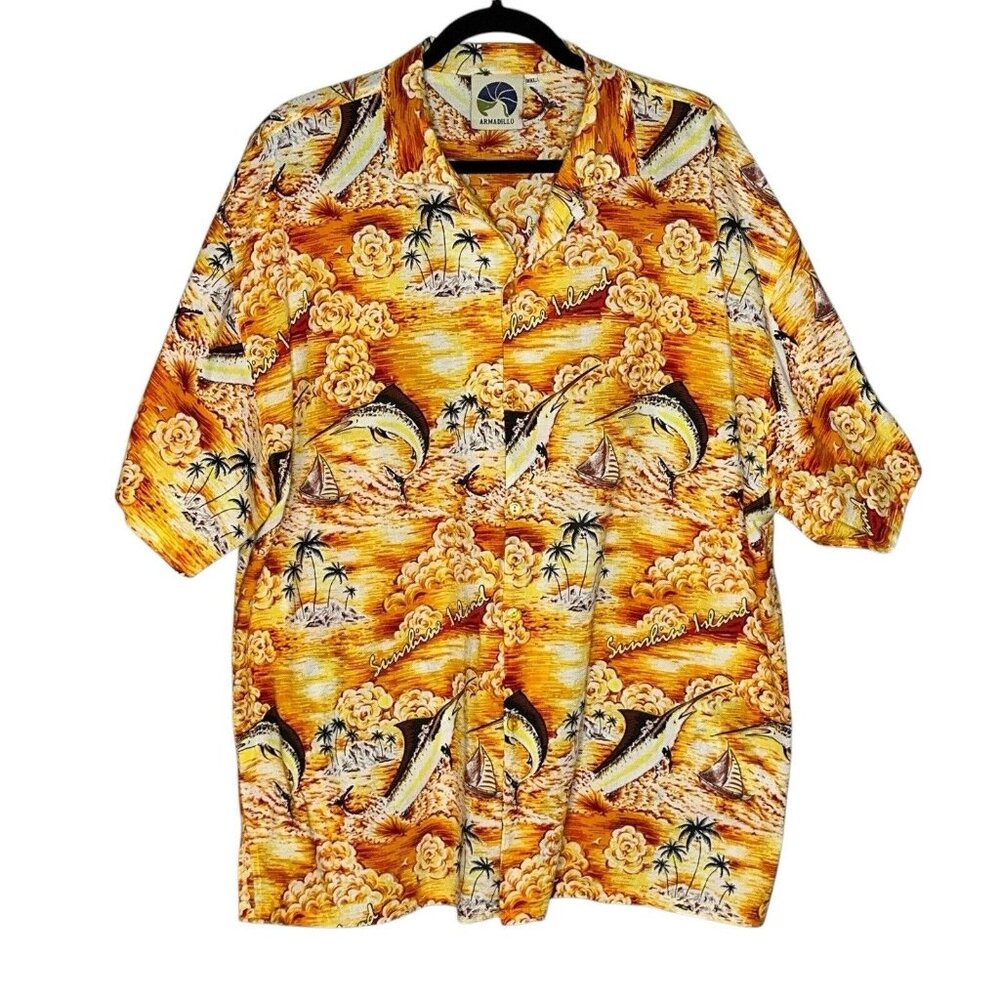 Mens Tropical Shirt XXL Swordfish Palm Trees Sailboats Flowers Sunshine Island